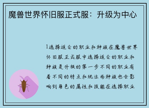 魔兽世界怀旧服正式服：升级为中心
